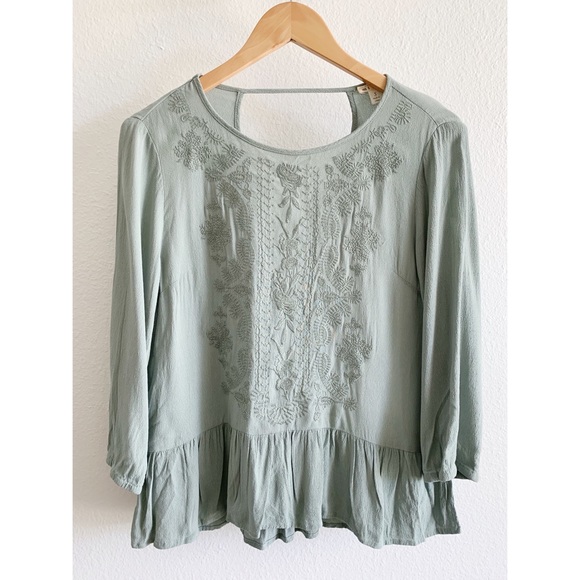 miami Tops - Miami • Sage Embroidered Peplum Peasant Top